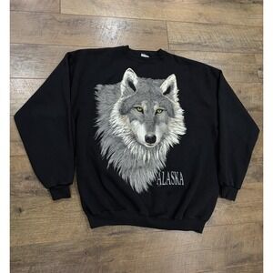 Vintage 90s Alaska Wolf Big Graphic Crewneck Sweatshirt Made In USA‎ XXL Black